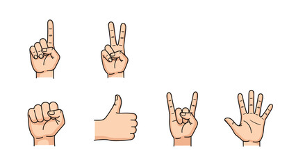 Fototapeta premium Set of realistic human hand gestures representing numbers one through five, a fist, a thumbs up, and the rock sign.