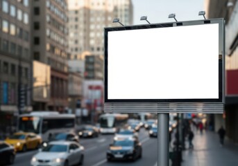 Fototapeta premium Large blank billboard sign on a busy city street with traffic and buildings