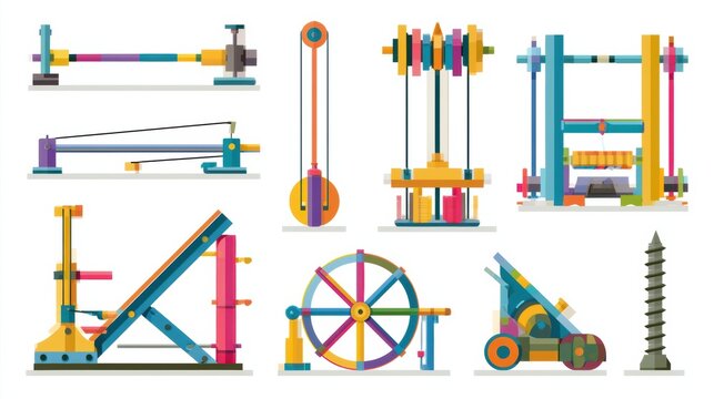 Educational diagram features colorful illustrations of simple machines like levers, pulleys, and wheels to teach basic physics concepts.