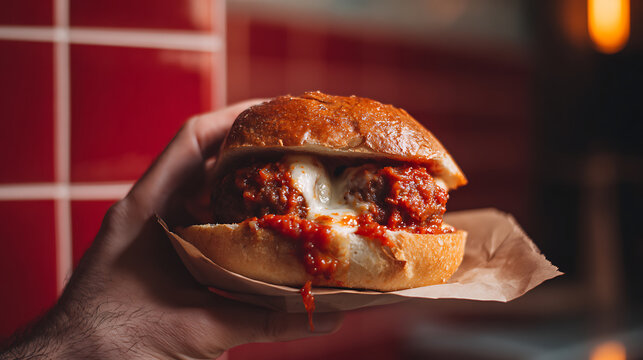 Delicious handheld sandwich with savory meat and melted cheese, rich sauce spilling out, held by a hand against a vibrant red background, focus on appetizing food