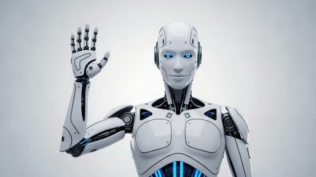 Friendly humanoid robot waving hello isolated on white background