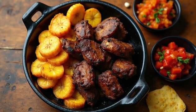 Haitian griot, fried plantains, pikliz served in black dish. Rich brown meat juicy tender with crisp edges. Yellow plantain slices sweet, caramelized. Colorful tomato salsa adds zest. Rustic wooden