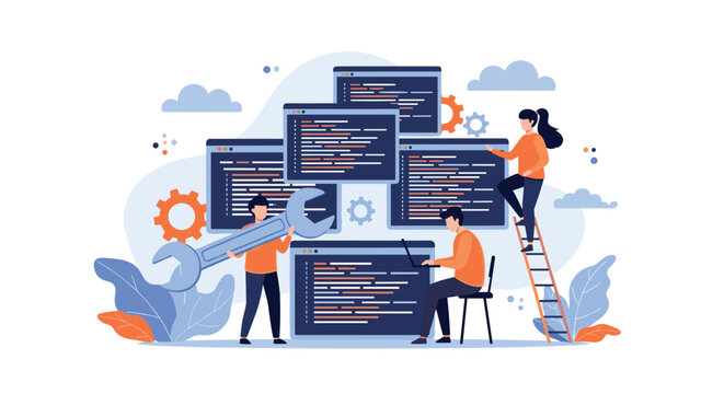 Software developers collaborating on complex computer code displayed on multiple windows with gears and maintenance tools.
