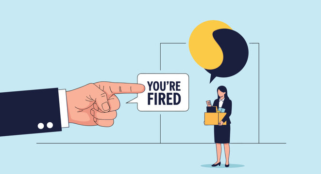 Businesswoman holding a box of her belongings being told she is fired by a large pointing hand with a speech bubble.