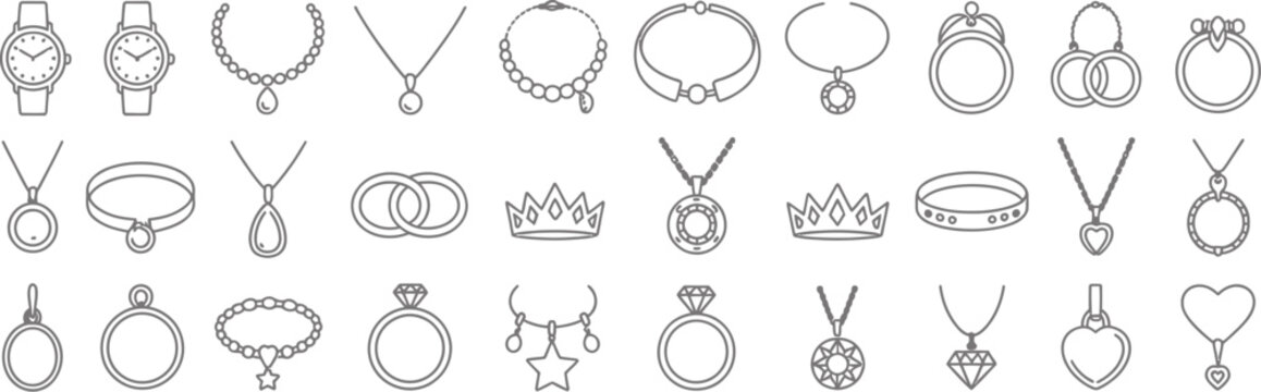 Jewelry and watch line art icons collection for commercial use