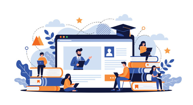 Online education concept illustrates students learning from home using laptops and books while connected to a virtual classroom.