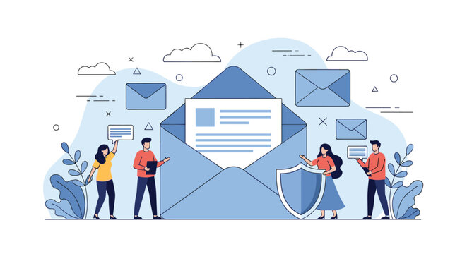 Group of people managing online communication around a large envelope with a shield icon for secure email messaging.