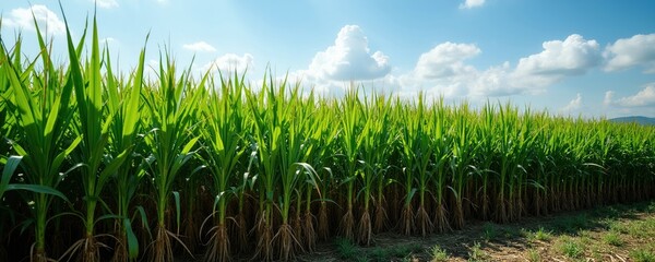 Obraz premium Tall green sugarcane stalks grow in a vast field under a bright blue sky with fluffy white clouds. The crop thrives in fertile soil during daytime. This natural landscape shows agricultural bounty.