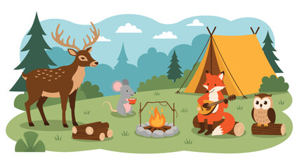 Naklejka premium Cute forest animals including a deer, fox, mouse, and owl enjoying a camping trip around a warm campfire in a beautiful green woodland.