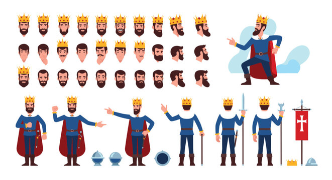 Comprehensive set of king character elements including different head expressions and full body poses in royal attire.