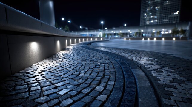Modern City Plaza at Night with Cobblestone Path and Illuminated Building