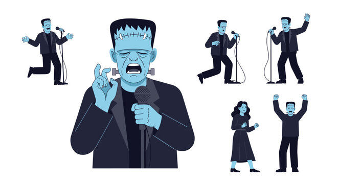 Various poses of a Frankenstein monster character singing into a microphone, dancing, and expressing emotions in dark tones.