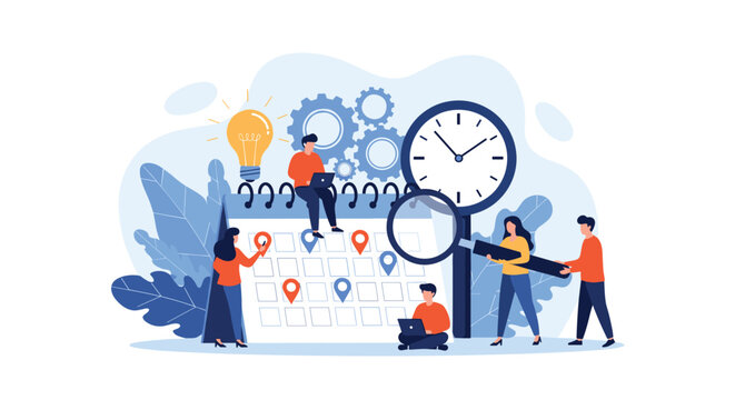 Business planning and time management concept with tiny people working on a large calendar with pins, a big clock, and gears for efficiency.