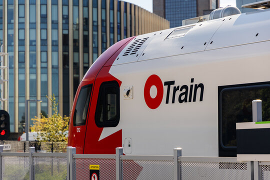 Ottawa, Canada - May 22, 2026: O-Train light rail transit vehicle front close up