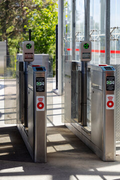 Ottawa, Canada - May 22, 2026: Transit station fare gates for O-Train light rail system. Automated passenger ticket validators