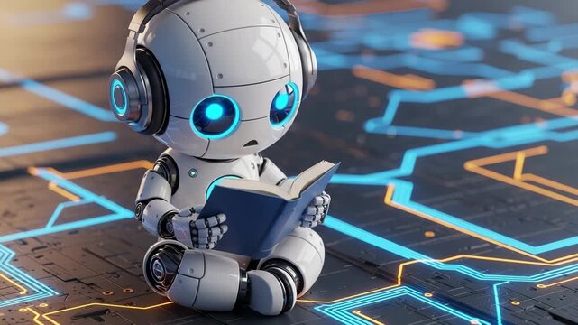 Cute robot reading a book on a digital circuit board background