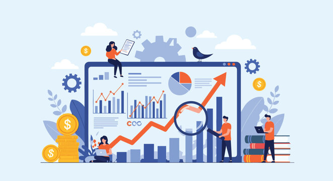 Financial data analysis concept with tiny people examining a monitor showing growing business charts and graphs with a magnifier.