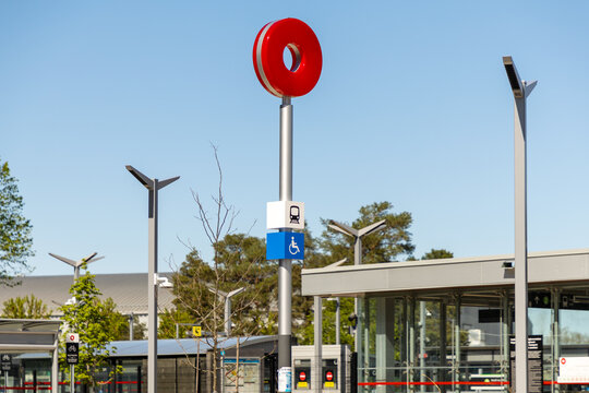 Ottawa, Canada - May 22, 2026: Red O-Train station sign. Public urban transit. Rail transportation