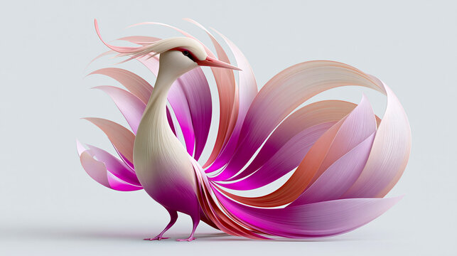 Ein stilisierter abstrakter Vogel aus weichen organischen Formen in Rosa- und Violettt&ouml;nen auf hellem Hintergrund.
