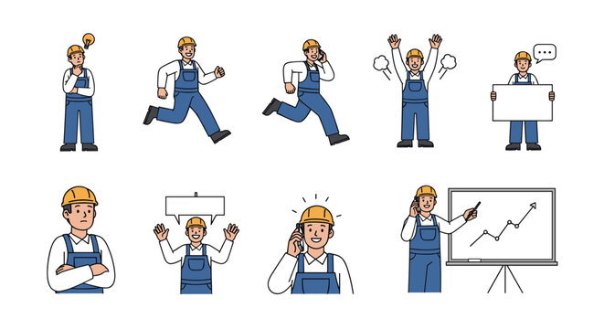 Construction worker character sheet displays diverse poses including thinking, running, celebrating, and giving a business presentation.