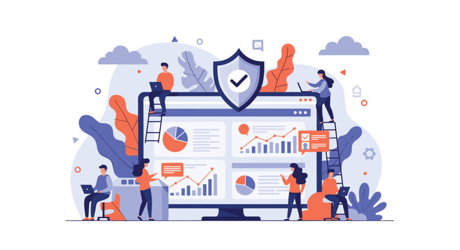 Data security and cyber protection concept shows professional people monitoring charts on a giant screen with a safety shield.