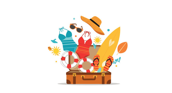 Open brown suitcase filled with summer vacation essentials like swimwear, a sun hat, surfboard, and beach accessories on white.