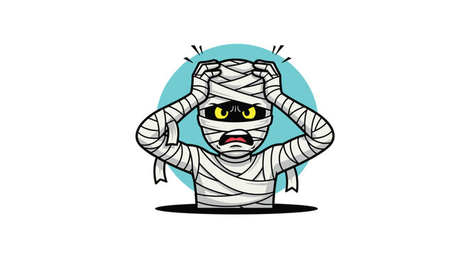 Stressed out mummy character holding its head in panic and worry against a circular light blue background, representing anxiety and pressure.