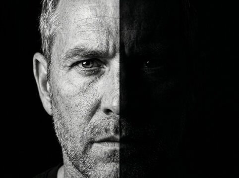 Intense Hyperrealistic Closeup Portrait with Face Split by Dark Shadow