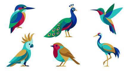 Fototapeta premium Vibrant Geometric Bird Collection: Stylized Kingfisher Peacock Hummingbird Cockatoo Robin and Crane