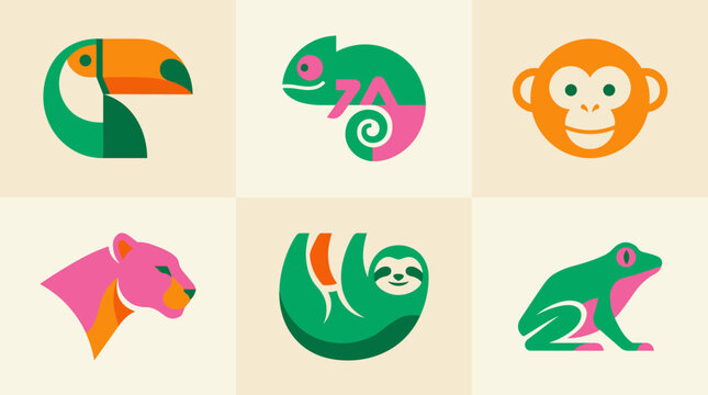 Vibrant Collection of Stylized Tropical Animals: Toucan Chameleon Monkey Jaguar Sloth Frog