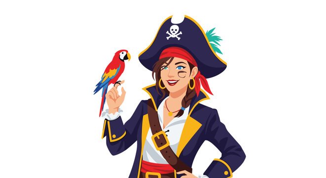 Adventurous female pirate character wearing a traditional hat and outfit with a colorful parrot perched on her finger or shoulder.