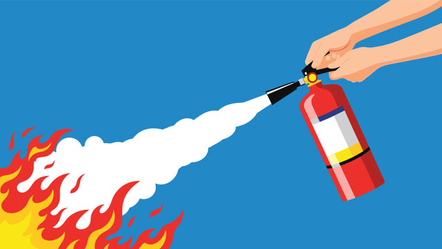 Close up of hands correctly using a red fire extinguisher to spray white foam onto a large orange fire against blue.