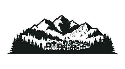 Fototapeta premium mountain town silhouette landscape black white background