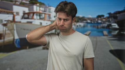 Fototapeta premium Young hispanic man with hand to forehead on street beside boats at a port dock, outdoors; concern reflection thought pondering.