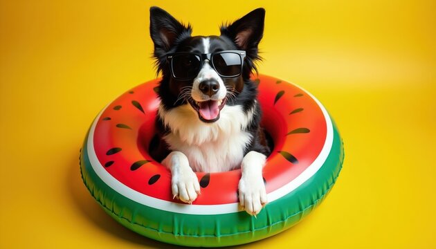 Border collie dog with sunglasses sits in watermelon float against yellow background. Dog smiles, ready for summer pool party, vacation fun, or tropical holiday.