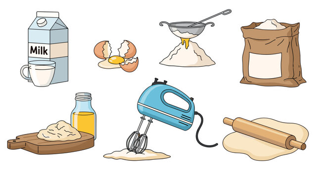 Selection of baking essentials like milk, fresh eggs, flour, and a hand mixer arranged to show the process of making dough or cake.