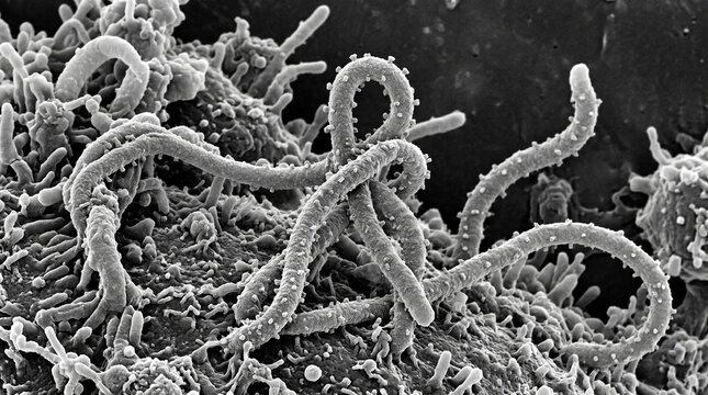 Scanning electron micrograph of ebola virus particles budding from a cell