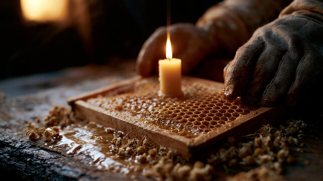 Eine Hand arbeitet mit einer Bienenwabe bei Kerzenlicht auf einem mit Wachssp&auml;nen bedeckten Holztisch.
