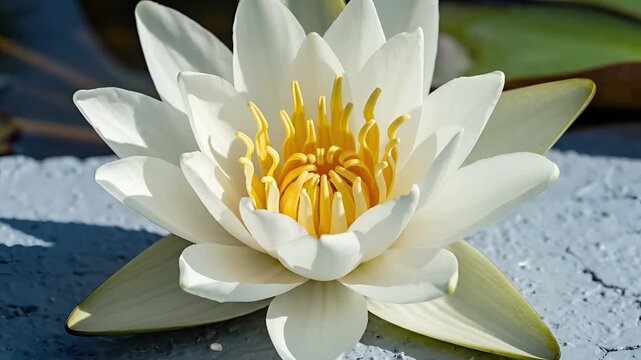 Beautiful White Water Lily Flower Blooming in Pond Sunlight.