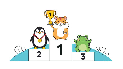 Fototapeta premium Cute cartoon hamster standing on a winner's podium holding a trophy while a penguin and frog take second and third place.