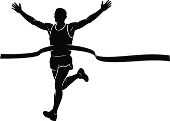 Marathon runner crossing the finish line tape black silhouette icon isolated on plain white background for sports victory commercial design © Prince7011