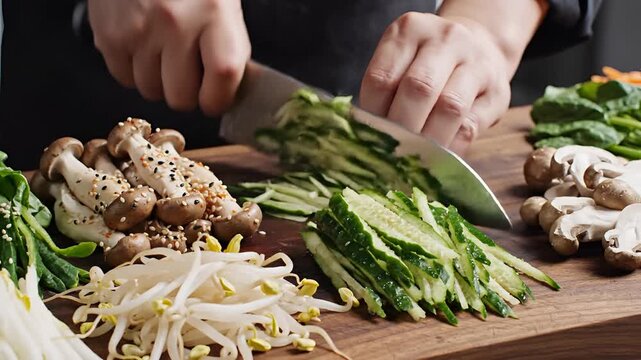 Chef skillfully chopping fresh vegetables on a wooden cutting board for a healthy meal preparation.