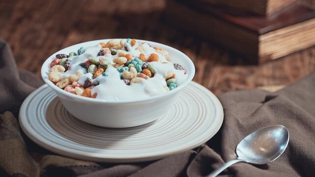 Bowl of Colorful Fruit Cereal with Fresh Milk on Rustic Table 