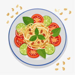 Naklejka premium Illustration of a Plate of Spaghetti with Tomatoes and Lime