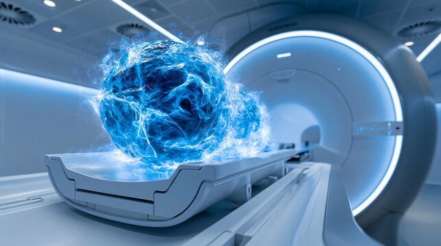 Eine leuchtende blaue Energiekugel schwebt vor einem modernen wei&szlig;en MRT-Ger&auml;t in einem futuristischen Untersuchungsraum.