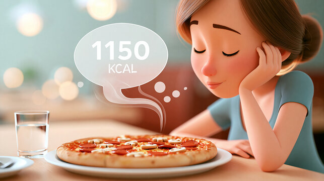 Eine animierte Figur sitzt nachdenklich vor einer Pizza, aus der eine Gedankenblase mit der Zahl 1150 aufsteigt.