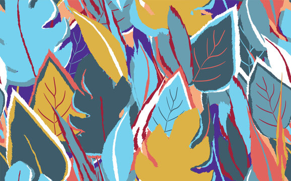 Floral seamless with hand drawn color exotic monstera leaves. Cute summer background. Tropic branches. Modern floral compositions. Fashion vector illustration for wallpaper, fabric, textile.