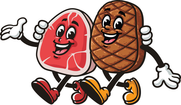 Cartoon mascots of meat and steak walking together
