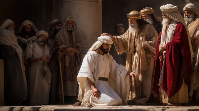 Moses anointing Aaron as high priest before the tabernacle, a sacred moment of calling, consecration, and priestly responsibility in the biblical account (Leviticus 8).