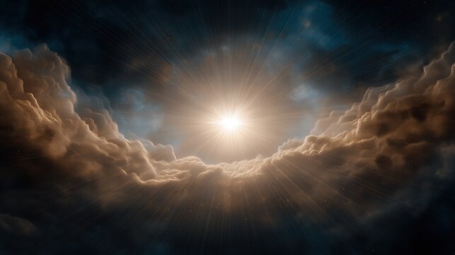 A cinematic depiction of the creation of light from genesis with divine illumination breaking through primordial darkness across a vast cosmic void.
